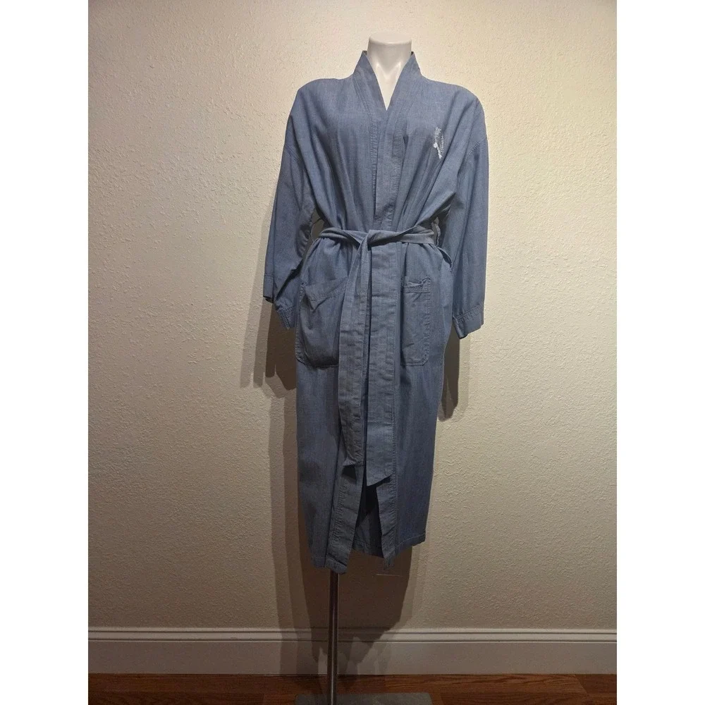 Christian Dior Monsieur Vintage Blue Chambray Cotton Robe CD Crest One Size